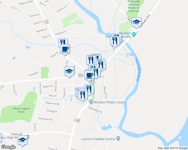 map of restaurants, bars, coffee shops, grocery stores, and more near 149 Broad Street in Windsor