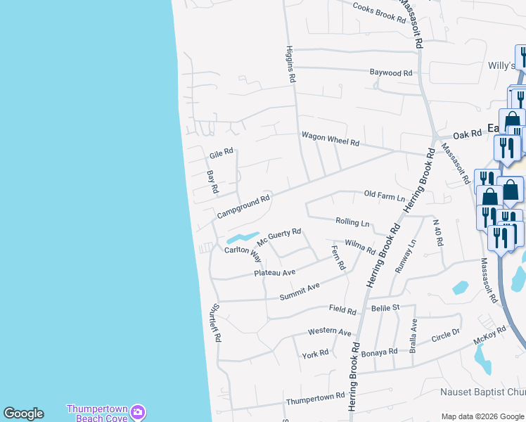 map of restaurants, bars, coffee shops, grocery stores, and more near 20 Huckleberry Lane in Eastham