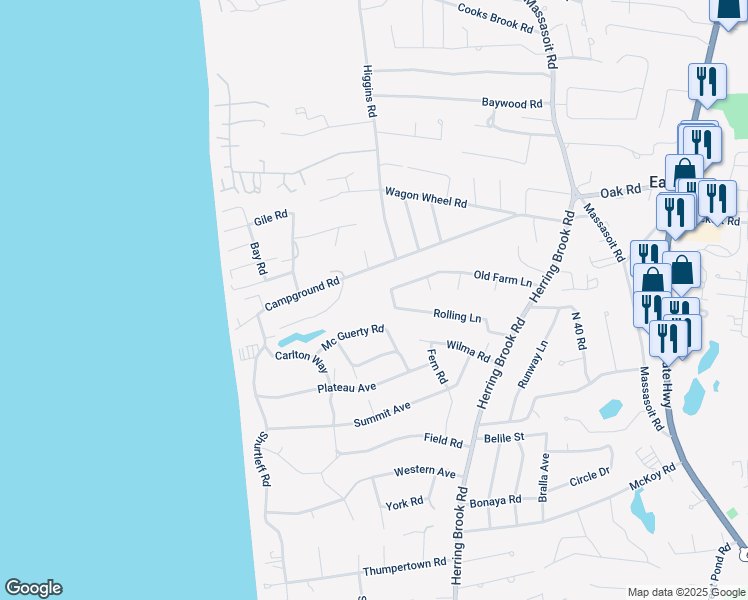 map of restaurants, bars, coffee shops, grocery stores, and more near 170 Old Farm Ln in Eastham