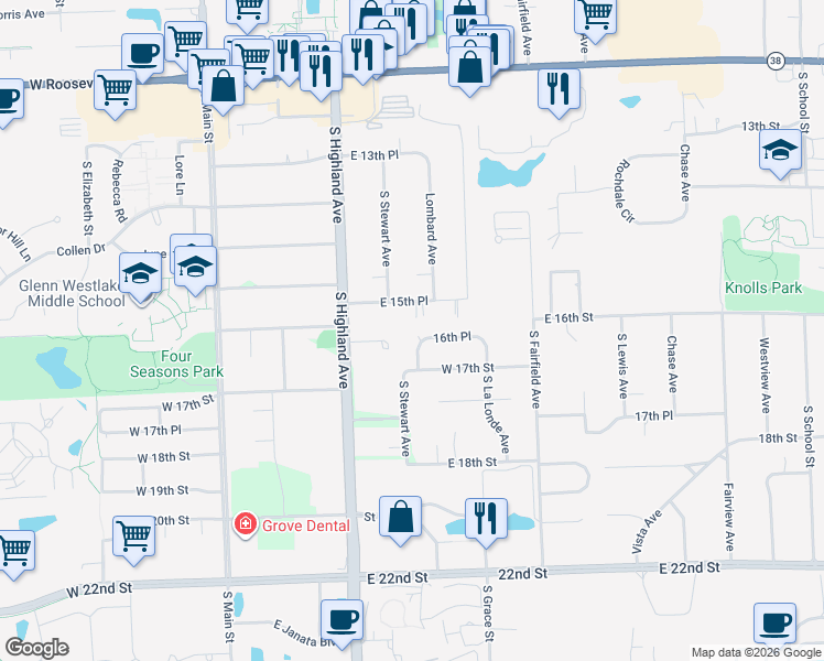 map of restaurants, bars, coffee shops, grocery stores, and more near 356 16th Place in Lombard