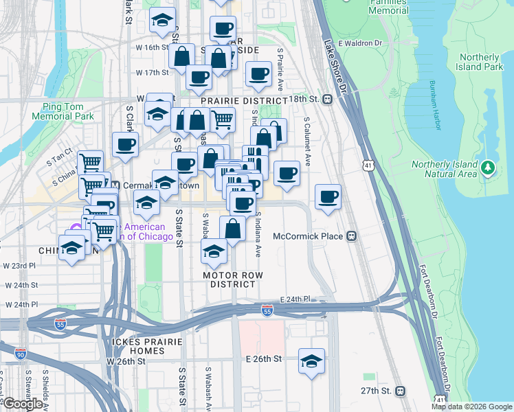 map of restaurants, bars, coffee shops, grocery stores, and more near 211 East Cermak Road in Chicago