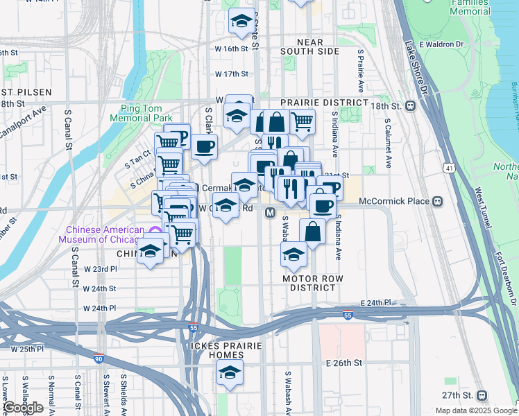 map of restaurants, bars, coffee shops, grocery stores, and more near 2137 South State Street in Chicago