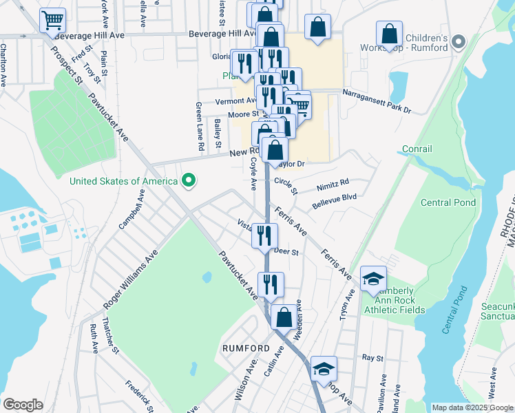 map of restaurants, bars, coffee shops, grocery stores, and more near 9 Coyle Avenue in East Providence