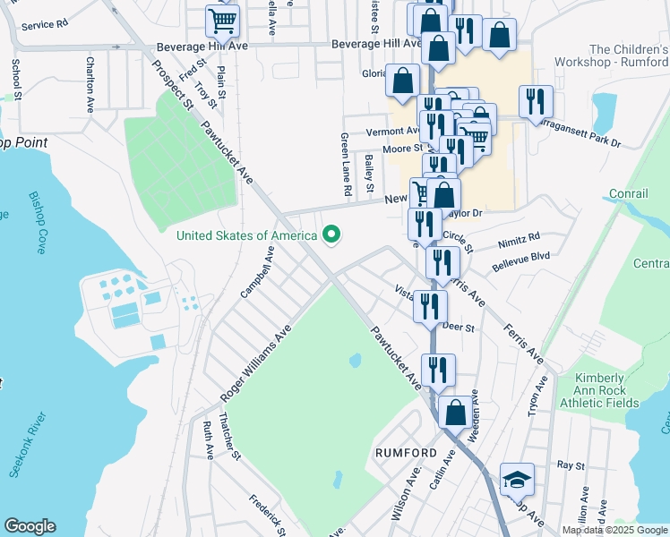 map of restaurants, bars, coffee shops, grocery stores, and more near 256 Pawtucket Avenue in East Providence