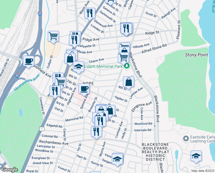 map of restaurants, bars, coffee shops, grocery stores, and more near 176 8th Street in Providence