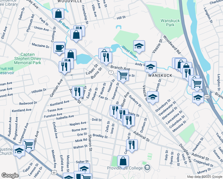 map of restaurants, bars, coffee shops, grocery stores, and more near 102 Hazael Street in Providence