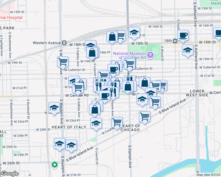 map of restaurants, bars, coffee shops, grocery stores, and more near 2057 West 21st Place in Chicago