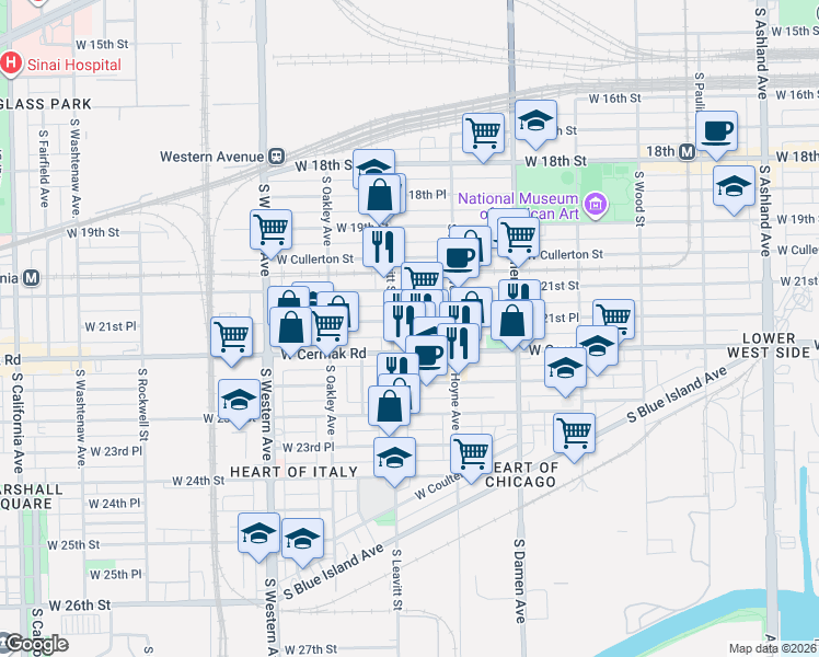 map of restaurants, bars, coffee shops, grocery stores, and more near 2146 South Hoyne Avenue in Chicago