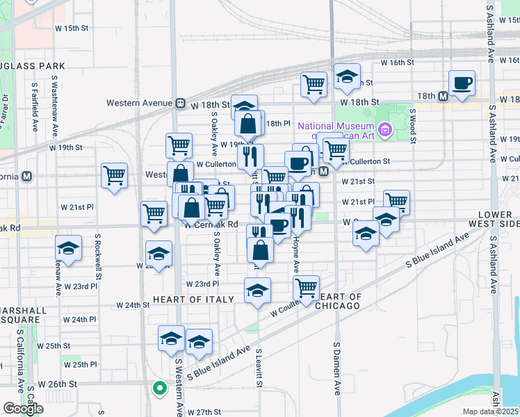 map of restaurants, bars, coffee shops, grocery stores, and more near 2203 West 21st Place in Chicago
