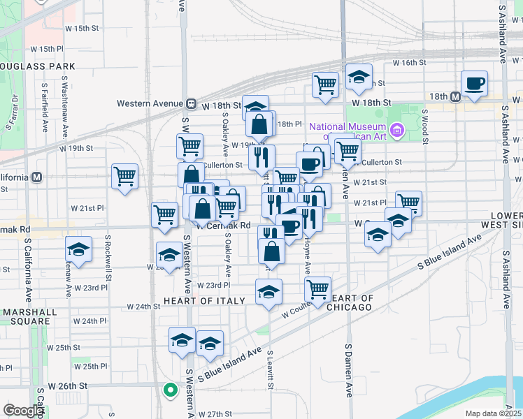 map of restaurants, bars, coffee shops, grocery stores, and more near 2203 West 21st Place in Chicago