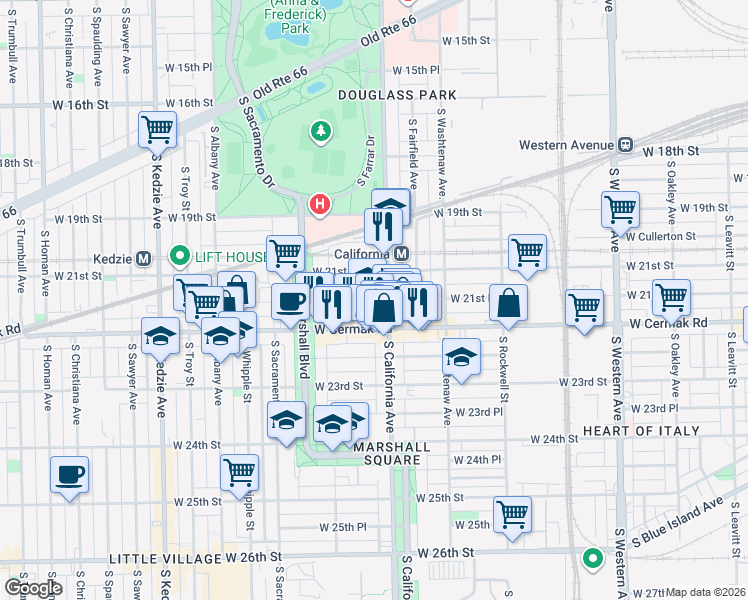 map of restaurants, bars, coffee shops, grocery stores, and more near in Chicago