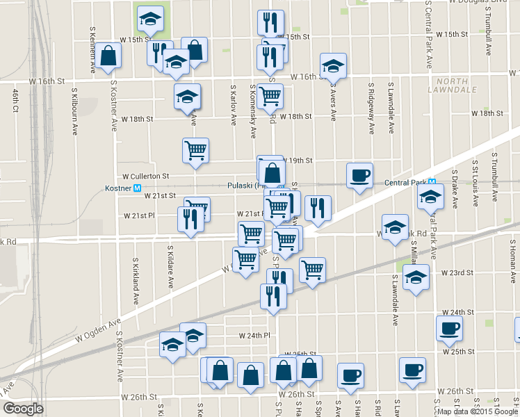 map of restaurants, bars, coffee shops, grocery stores, and more near 4026 West 21st Place in Chicago