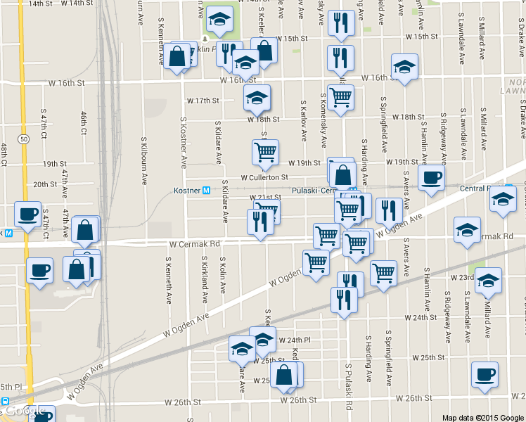 map of restaurants, bars, coffee shops, grocery stores, and more near 4221 West 21st Street in Chicago