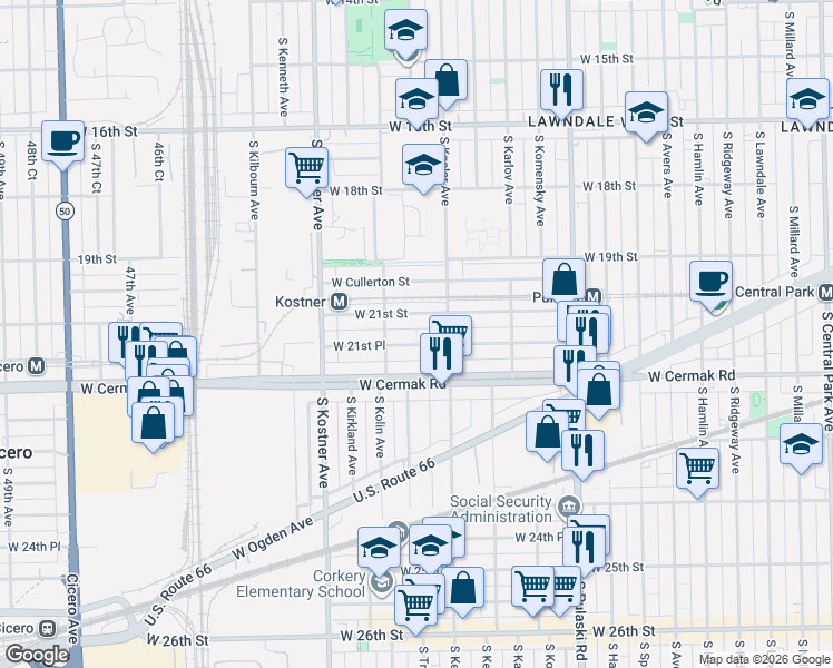 map of restaurants, bars, coffee shops, grocery stores, and more near 4221 West 21st Street in Chicago
