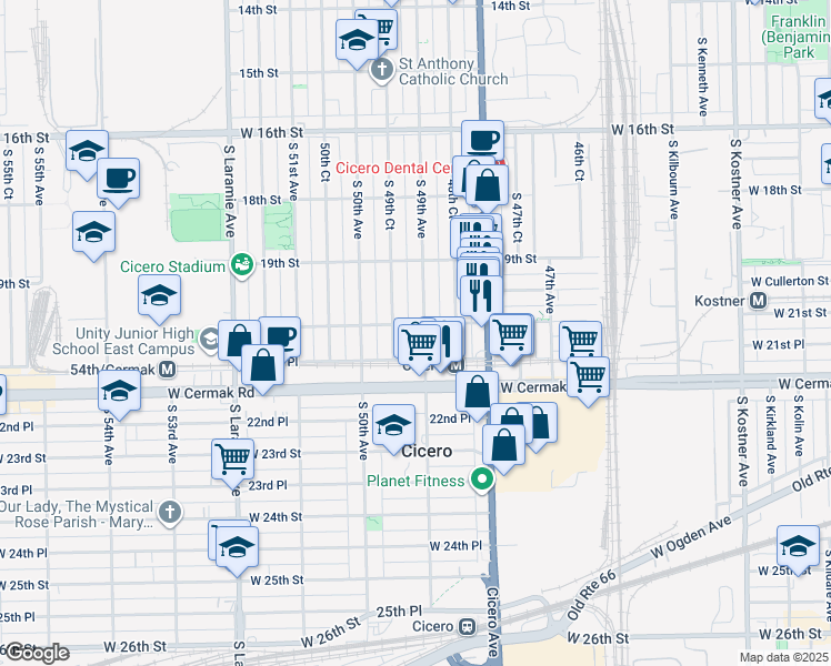 map of restaurants, bars, coffee shops, grocery stores, and more near 2100 South 49th Avenue in Cicero