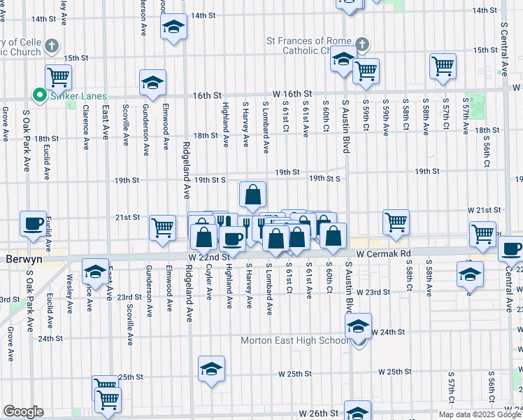map of restaurants, bars, coffee shops, grocery stores, and more near 1929 South Lombard Avenue in Cicero