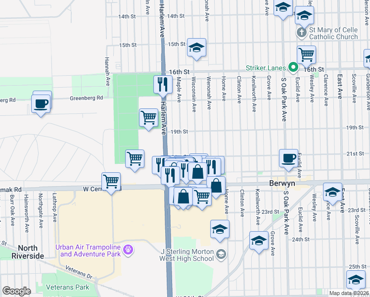 map of restaurants, bars, coffee shops, grocery stores, and more near 1924 Maple Avenue in Berwyn