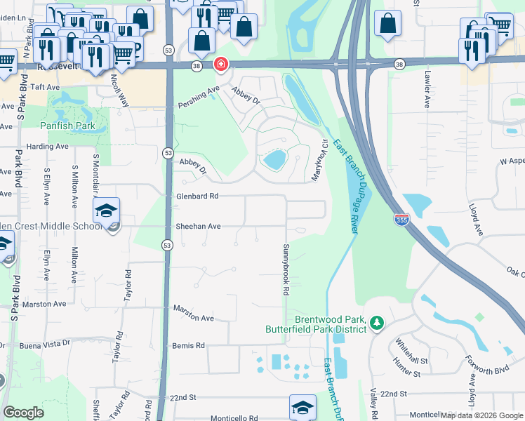 map of restaurants, bars, coffee shops, grocery stores, and more near 911 Glenbard Road in Glen Ellyn