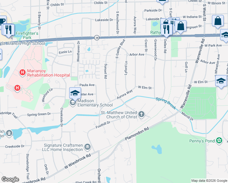 map of restaurants, bars, coffee shops, grocery stores, and more near 1211 South Gables Boulevard in Wheaton