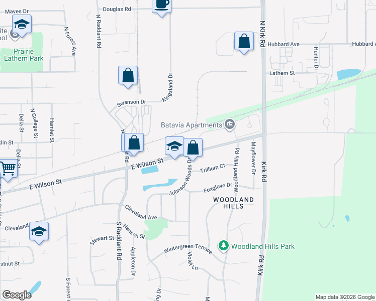 map of restaurants, bars, coffee shops, grocery stores, and more near 1079 East Wilson Street in Batavia