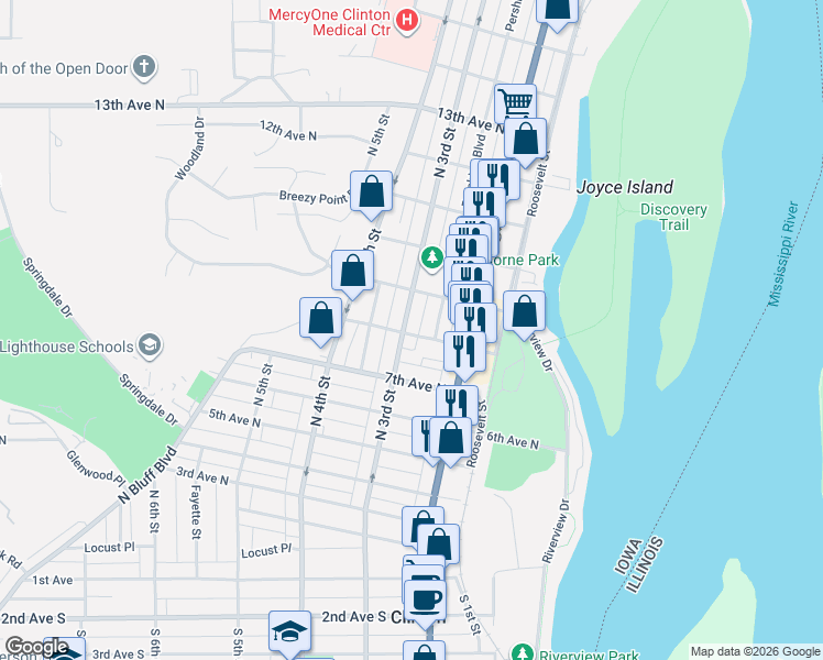 map of restaurants, bars, coffee shops, grocery stores, and more near 801-899 N 3rd St in Clinton