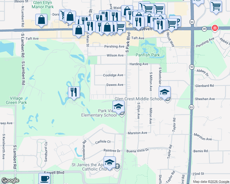 map of restaurants, bars, coffee shops, grocery stores, and more near 586 Lowden Avenue in Glen Ellyn