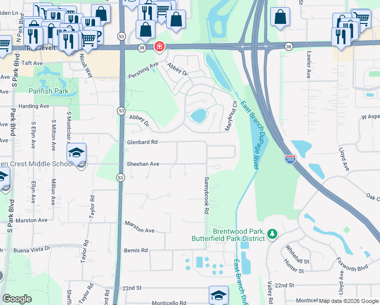 map of restaurants, bars, coffee shops, grocery stores, and more near 911 Glenbard Road in Glen Ellyn