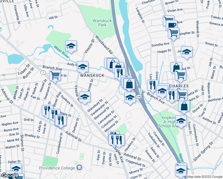 map of restaurants, bars, coffee shops, grocery stores, and more near 134 Stansbury Street in Providence