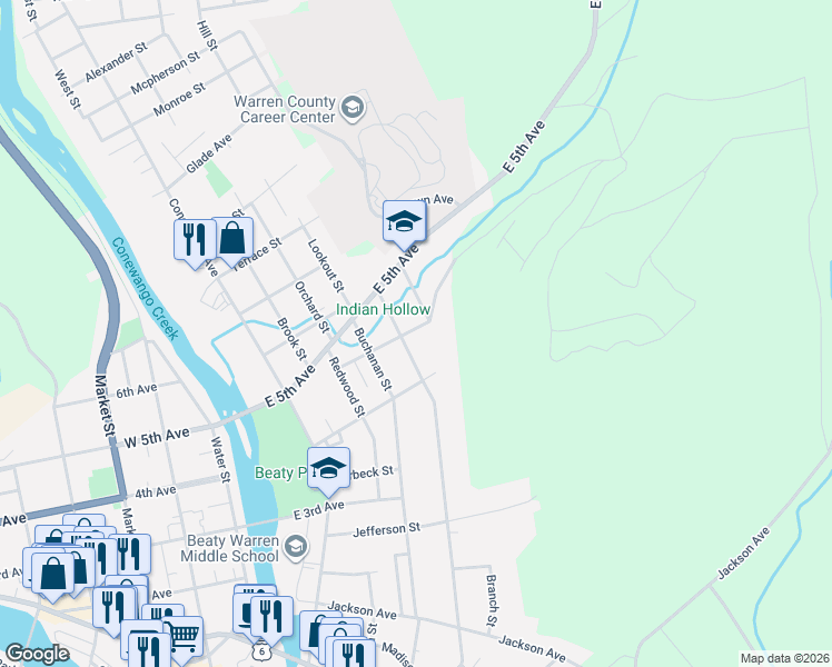 map of restaurants, bars, coffee shops, grocery stores, and more near 201 Center Street in Warren