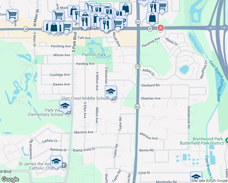 map of restaurants, bars, coffee shops, grocery stores, and more near 726 Amber Ridge Avenue in Glen Ellyn