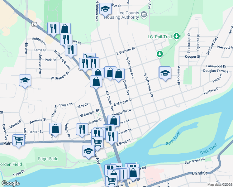 map of restaurants, bars, coffee shops, grocery stores, and more near 627 North Brinton Avenue in Dixon