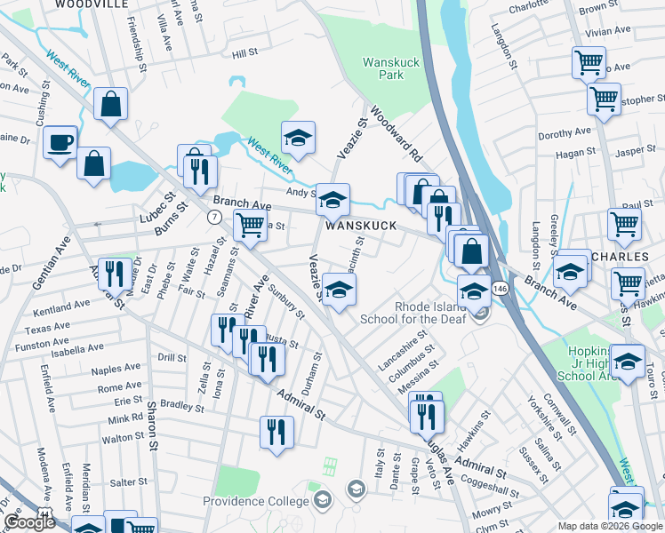 map of restaurants, bars, coffee shops, grocery stores, and more near 51 Shiloh Street in Providence
