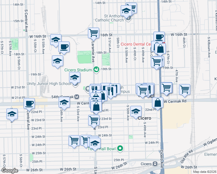 map of restaurants, bars, coffee shops, grocery stores, and more near 5033 West 21st Street in Cicero