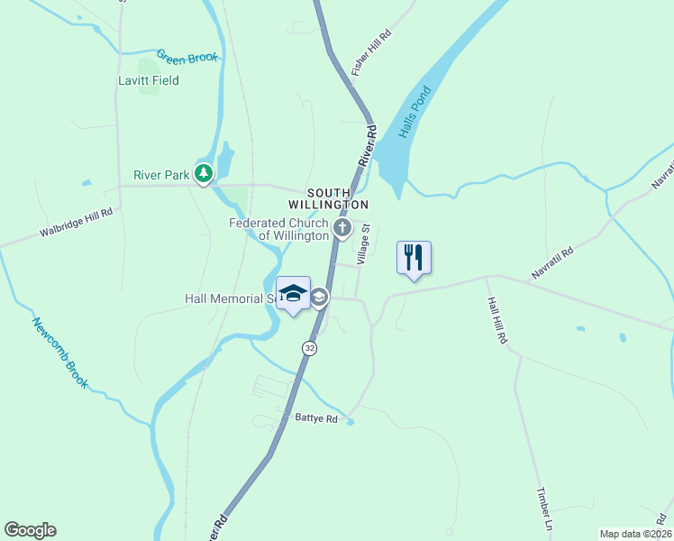 map of restaurants, bars, coffee shops, grocery stores, and more near 124 River Road in Willington