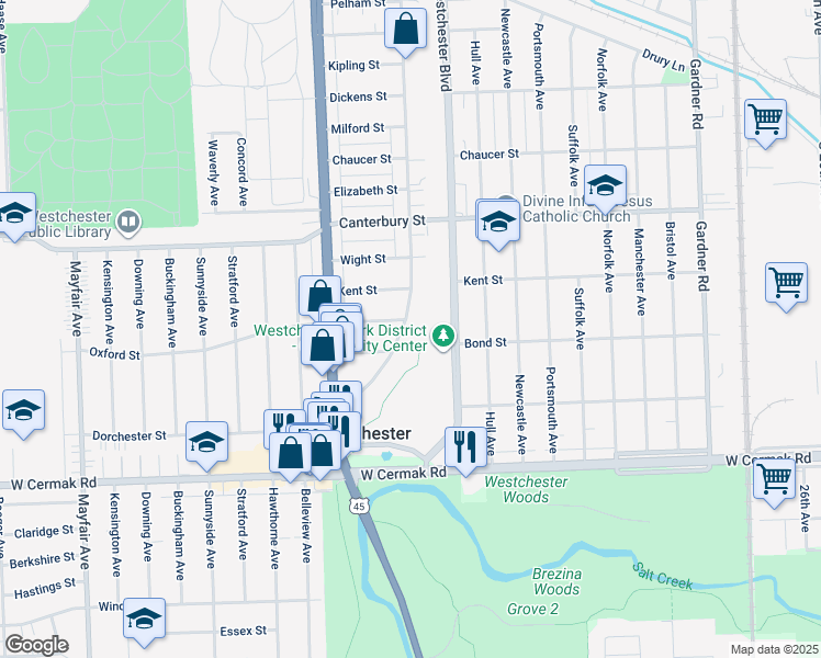 map of restaurants, bars, coffee shops, grocery stores, and more near 1837 Balmoral Avenue in Westchester