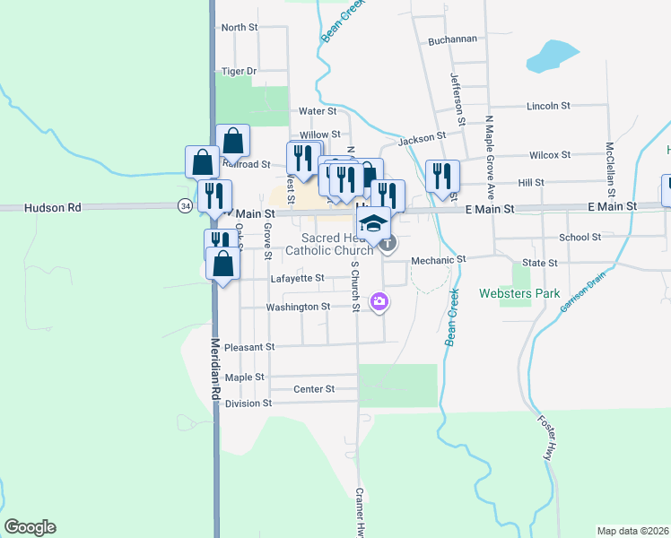 map of restaurants, bars, coffee shops, grocery stores, and more near 218 South Church Street in Hudson