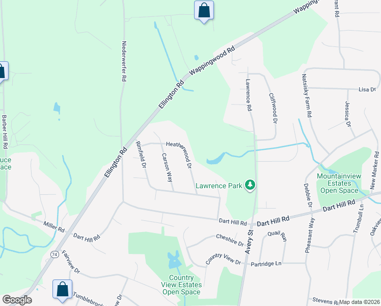 map of restaurants, bars, coffee shops, grocery stores, and more near 64 Heatherwood Drive in South Windsor