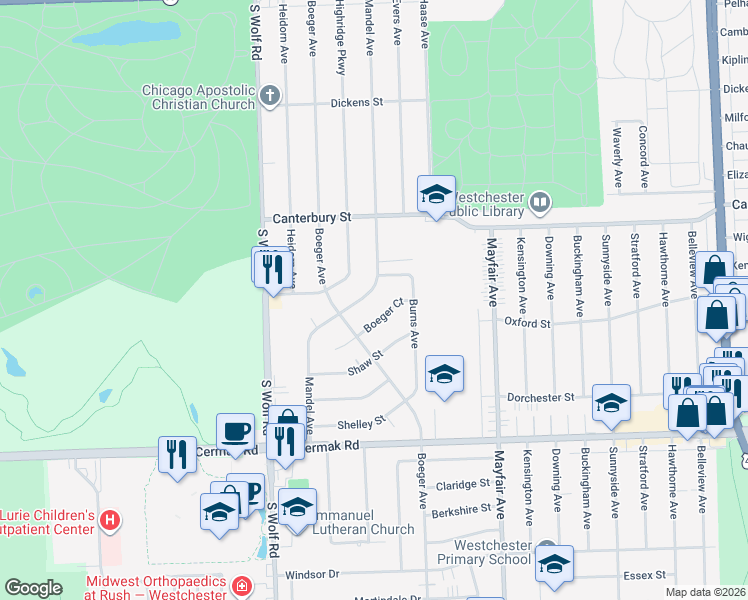 map of restaurants, bars, coffee shops, grocery stores, and more near 11105 Mandel Court in Westchester