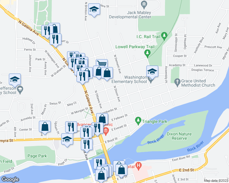 map of restaurants, bars, coffee shops, grocery stores, and more near 621 North Dixon Avenue in Dixon