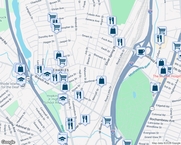 map of restaurants, bars, coffee shops, grocery stores, and more near 45 Vaughan Street in Providence