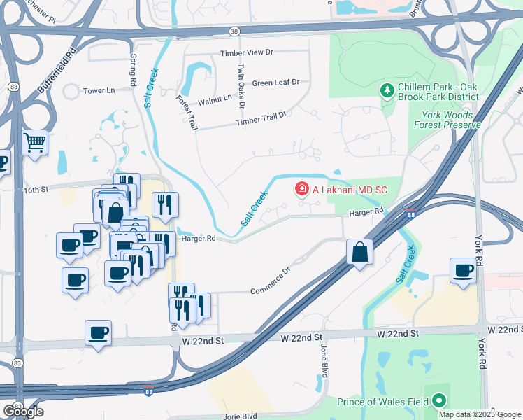 map of restaurants, bars, coffee shops, grocery stores, and more near 2021 Spring Road in Oak Brook