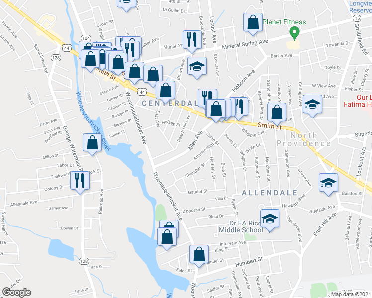 map of restaurants, bars, coffee shops, grocery stores, and more near 51 Allen Avenue in North Providence