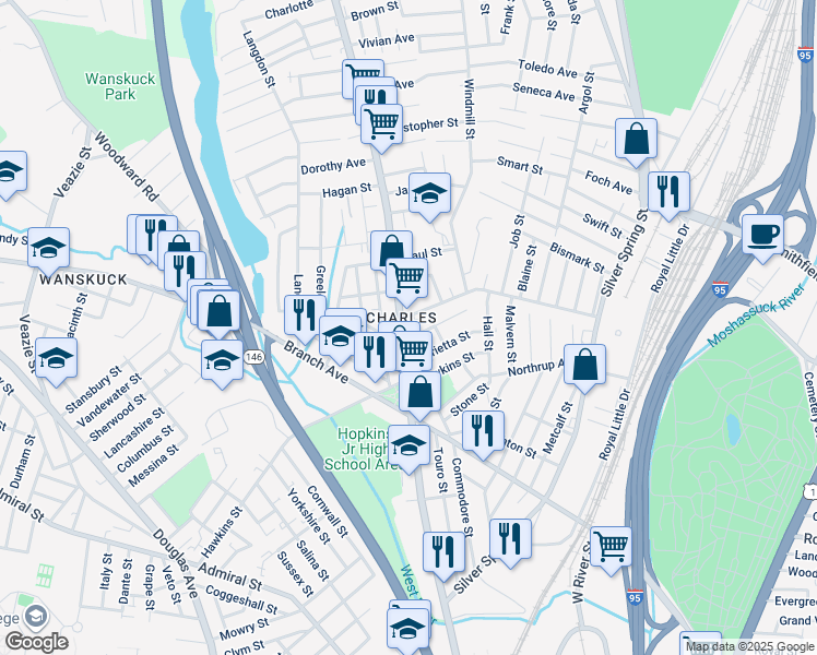 map of restaurants, bars, coffee shops, grocery stores, and more near 24 Gillen Street in Providence