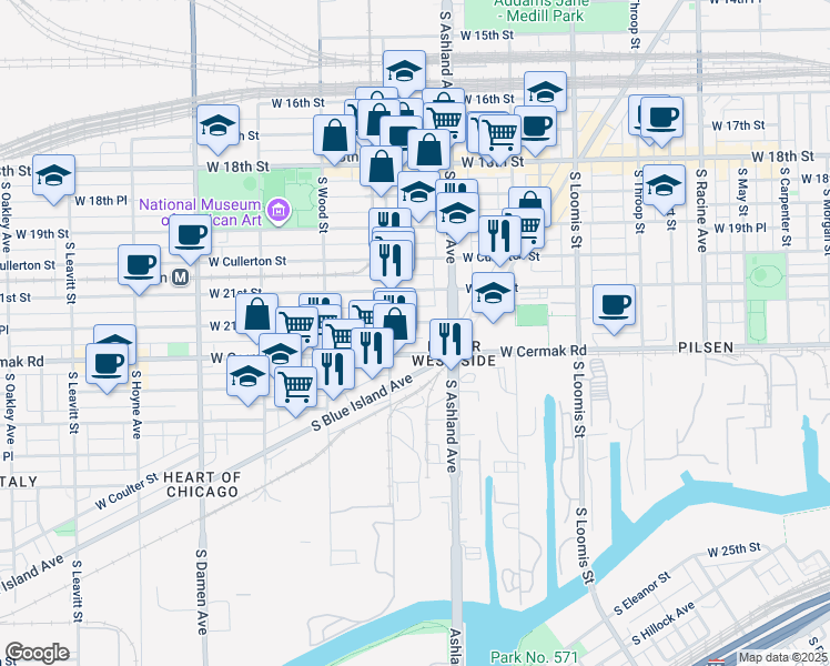 map of restaurants, bars, coffee shops, grocery stores, and more near 1633 West 21st Place in Chicago