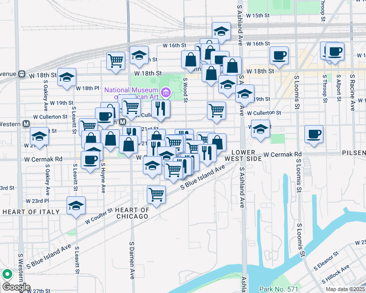 map of restaurants, bars, coffee shops, grocery stores, and more near 1823 West 21st Place in Chicago