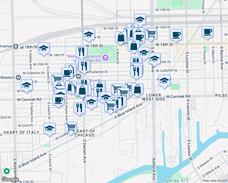 map of restaurants, bars, coffee shops, grocery stores, and more near 1823 West 21st Place in Chicago