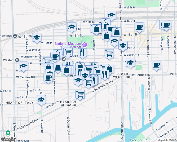 map of restaurants, bars, coffee shops, grocery stores, and more near 1823 West 21st Place in Chicago