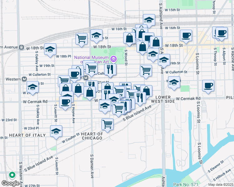 map of restaurants, bars, coffee shops, grocery stores, and more near 1823 West 21st Place in Chicago