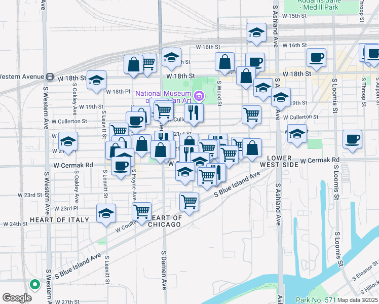 map of restaurants, bars, coffee shops, grocery stores, and more near 1901 West 21st Place in Chicago