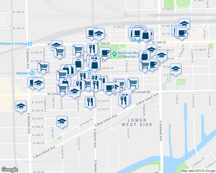 map of restaurants, bars, coffee shops, grocery stores, and more near 1909 West 21st Street in Chicago